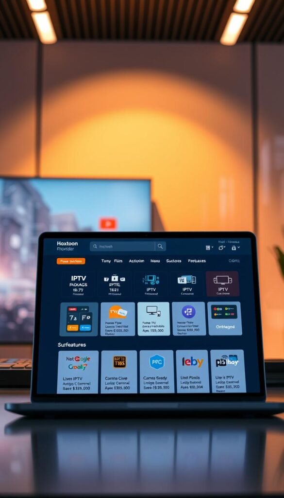 A sleek, modern online storefront showcasing various IPTV subscription packages offered by the Hoxtoon Provider. The scene is bathed in a soft, warm lighting that creates a sense of professionalism and trustworthiness. In the foreground, a laptop or tablet displays the Hoxtoon Provider's website, highlighting their diverse range of IPTV plans and pricing options. The middle ground features stylized icons and graphics representing the key features of the IPTV service, such as live TV channels, on-demand content, and device compatibility. The background subtly blends various technology-inspired elements, such as circuit boards, data streams, and digital patterns, to reinforce the digital nature of the IPTV offering. The overall composition conveys a visually appealing and user-friendly online shopping experience for those seeking to purchase IPTV subscriptions from the Hoxtoon Provider.