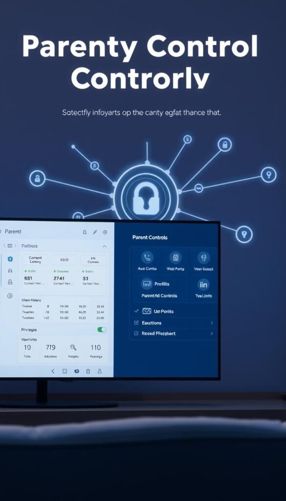 A sleek, modern parental control interface for the Hoxtoon Provider IPTV service, featuring a clean, minimalist design with intuitive controls. The foreground displays a simple dashboard with adjustable content filters, viewing history, and time limits. The middle ground showcases a well-organized menu for managing user profiles and access privileges. In the background, a sophisticated network visualization illustrates the device connectivity and security measures. The scene is illuminated by a soft, diffused lighting that creates a sense of sophistication and trustworthiness, conveying the advanced capabilities of the Hoxtoon Provider IPTV parental controls.