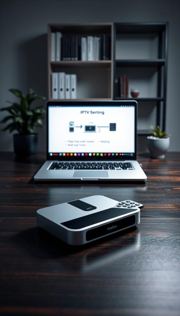 A sleek, modern setup guide for IPTV worldwide lifetime access, showcased on a sophisticated dark wood desk. In the foreground, a silver and black Hoxtoon Provider device sits alongside a high-end remote control, casting a subtle glow. The middle ground features a laptop displaying the IPTV setup instructions, the screen crisp and clear. In the background, a minimalist bookshelf and potted plant create a calming, professional atmosphere, illuminated by soft, directional lighting from above. The overall scene conveys a sense of simplicity and efficiency, reflecting the ease of setting up the Hoxtoon Provider IPTV service worldwide.