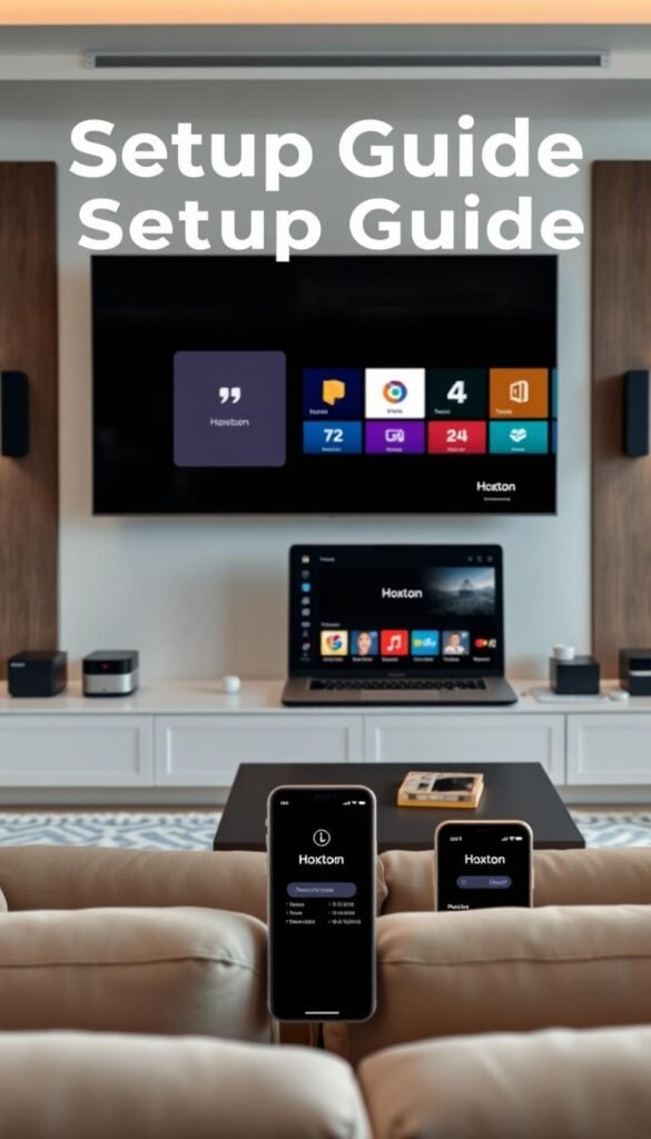 A sleek, modern setup guide for the Hoxtoon IPTV provider. The frame fills the foreground, showcasing a stylish TV display with a minimalist, intuitive interface. In the middle ground, a laptop and smartphone display the Hoxtoon app, highlighting the seamless cross-device experience. The background features a sophisticated home entertainment setup, with clean lines, warm lighting, and premium-looking media equipment. The overall tone is one of simplicity, technology, and premium quality, reflecting the Hoxtoon brand. A cinematic, high-resolution image that visually communicates the ease of setting up and using the Hoxtoon IPTV service.