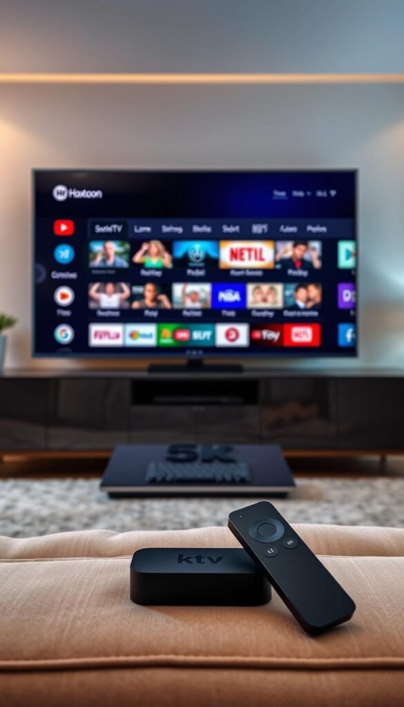 A sleek, modern setup of the Hoxtoon Provider IPTV service displayed on a large 4K TV. The TV screen shows the Hoxtoon interface, with clean and intuitive menus showcasing a wide selection of live TV channels and on-demand content. In the foreground, a high-end streaming device, such as a Nvidia Shield or Apple TV, is prominently placed, hinting at the high-quality hardware required for the best Hoxtoon IPTV experience. The middle ground features a wireless keyboard and remote control, emphasizing the ease of navigation. The background depicts a stylish, minimalist living room setting, creating an atmosphere of comfort and technology integration. Soft, warm lighting accentuates the premium, seamless setup, inviting the viewer to imagine their own Hoxtoon IPTV experience.