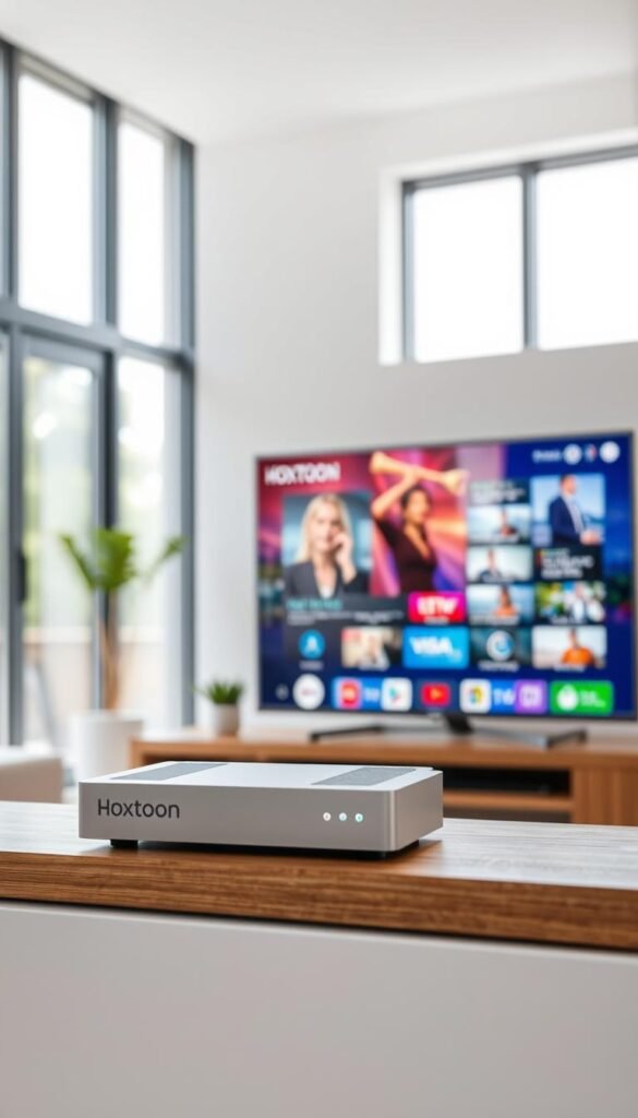 A sleek, modern setup showcasing an IPTV service in Germany. In the foreground, a silver Hoxtoon Provider set-top box sits atop a minimalist wooden entertainment unit, its elegant design complementing the neutral color palette. In the middle ground, a large 4K smart TV displays vibrant, high-quality content, immersing the viewer in the IPTV experience. The background features a stylish, contemporary living room with floor-to-ceiling windows, allowing natural light to flood the space and create a warm, inviting atmosphere. The lighting is soft and diffused, creating a cozy, relaxed mood. The overall scene conveys the ease and convenience of setting up a premium IPTV service in Germany.