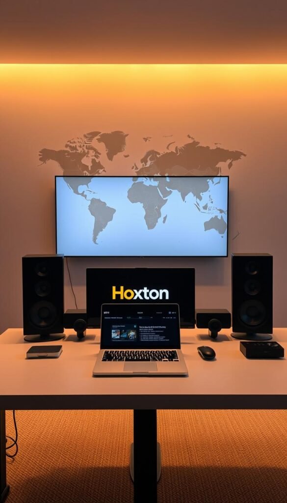 A sleek, modern setup showcasing the Hoxtoon Provider IPTV service. A minimalist desk with a laptop displaying the Hoxtoon interface, surrounded by a high-end monitor and audio equipment. Warm, directional lighting illuminates the scene, creating a cozy, professional atmosphere. In the background, a large world map on the wall suggests the wide range of international content available. The overall impression is one of a high-quality, user-friendly IPTV solution tailored for the US market.