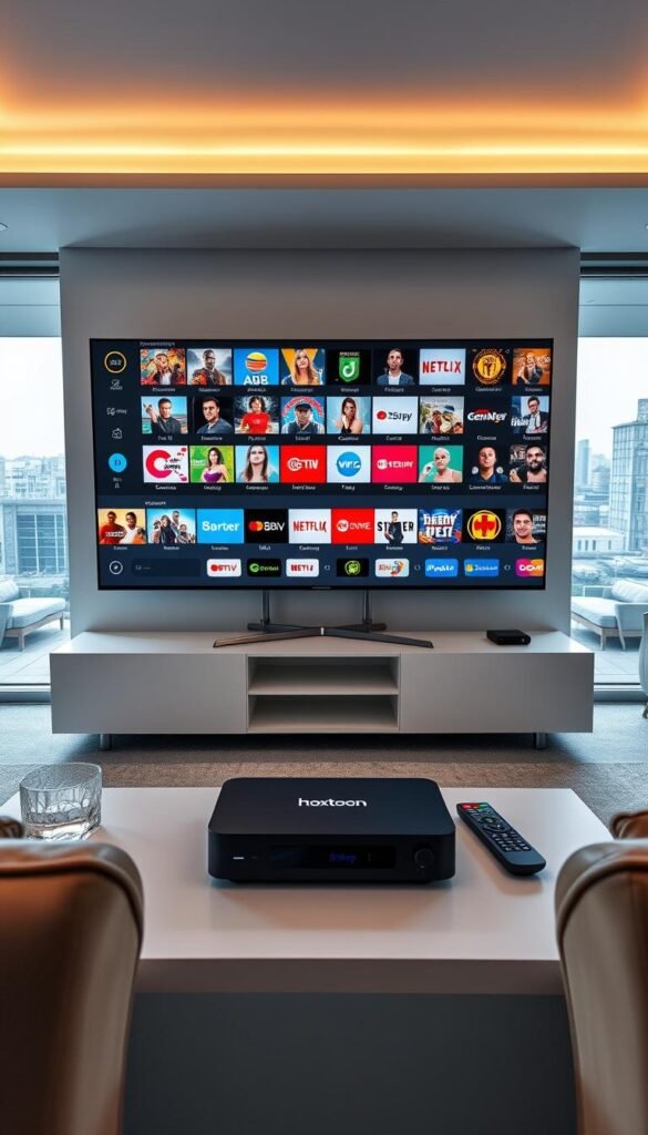 A sleek, modern setup showcasing the Hoxtoon Provider IPTV service. In the foreground, a high-end smart TV displays a vibrant, diverse array of German TV channels. The middle ground features a minimalist media center with a state-of-the-art Hoxtoon set-top box, remote, and other accessories. The background evokes a contemporary living room, with stylish furnishings, indirect lighting, and large windows offering a view of a bustling German cityscape. The overall scene conveys the seamless, premium experience of accessing a comprehensive selection of German content through the reliable Hoxtoon IPTV provider.