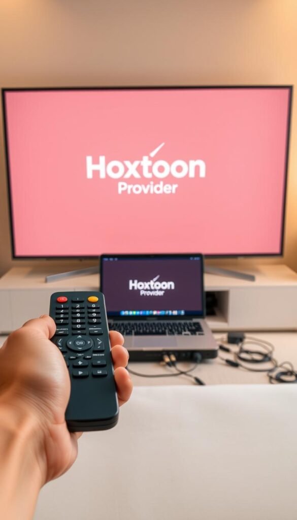 A sleek, modern setup showcasing the process of IPTV installation. In the foreground, a stylized hand holds a remote control against a backdrop of a high-definition TV displaying the Hoxtoon Provider logo. The middle ground features a laptop or set-top box, neatly arranged with cables and connectors, providing a visual guide to the technical setup. The background depicts a minimalist, well-lit interior, hinting at the seamless integration of the IPTV service into a contemporary living space. Warm lighting and clean lines convey a sense of professionalism and ease of use, reflecting the "HD World Lifetime IPTV" service's suitability for global content consumption.
