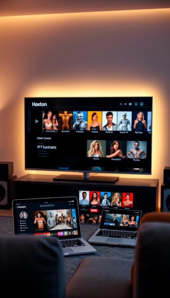 A sleek, modern setup with multiple devices showcasing the Hoxtoon Provider IPTV service, featuring a wide selection of adult content channels. The scene is well-lit with a soft, warm glow, creating an inviting and discreet atmosphere. In the foreground, a high-end smart TV displays the Hoxtoon interface, while in the middle ground, a laptop and tablet seamlessly integrate the service, allowing for a seamless multi-device viewing experience. The background is blurred, drawing the focus to the technology and entertainment on offer. The overall impression conveys the ease, accessibility, and versatility of the Hoxtoon Provider IPTV subscription for adult content consumption.