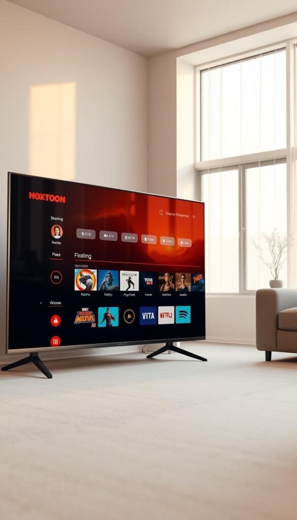 A sleek, modern smart TV displaying the Hoxtoon Provider IPTV interface. The device is situated in a minimalist living room setting, with clean lines and natural lighting filtering in through large windows. The TV screen shows a crisp, high-definition display of various IPTV streaming options and content. The TV's thin, bezel-less design blends seamlessly into the surrounding decor. Subtle ambient lighting creates a warm, inviting atmosphere, perfect for an evening of smooth IPTV streaming.