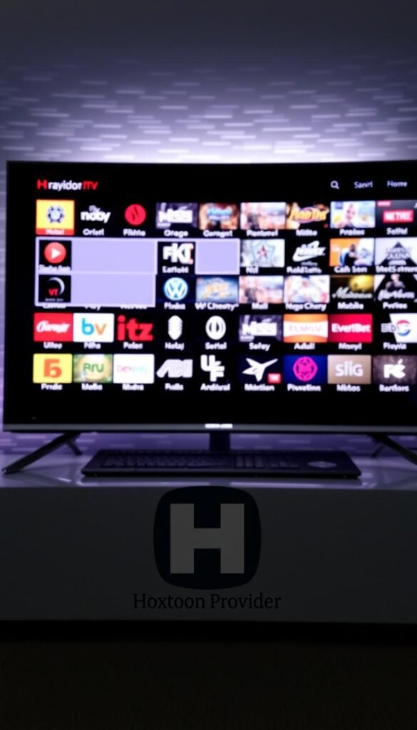 A sleek, modern smart TV screen displays a cluttered, disorganized IPTV playlist, signifying the instability and unreliability of free IPTV services. The screen is dimly lit, creating a somber, foreboding atmosphere. In the foreground, a Hoxtoon Provider logo is prominently featured, hinting at the alternative solution to the problem. The middle ground showcases various IPTV channel icons, some of which are grayed out or missing, symbolizing the frequent channel outages and service disruptions. The background features a blurred, static-like pattern, adding to the sense of uncertainty and impermanence. The overall composition conveys the message that free IPTV playlists are often short-lived and unsustainable, leading the viewer to consider more reliable and long-term IPTV options.