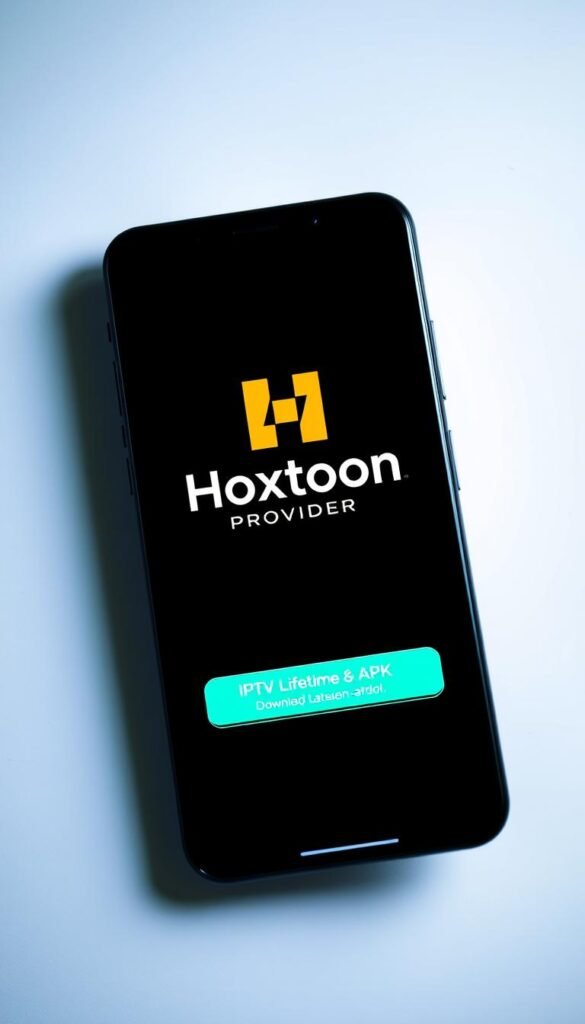 A sleek, modern smartphone screen displaying the Hoxtoon Provider logo, surrounded by a minimalist, high-tech interface. The screen features a prominent "IPTV Lifetime APK Download" call-to-action button, inviting the user to securely obtain the latest version of the IPTV app. The background is a subtle gradient, creating a sense of depth and emphasizing the digital, technological nature of the scene. Crisp, balanced lighting and a slightly low camera angle give the image a professional, authoritative feel, conveying the trustworthiness and reliability of the Hoxtoon Provider brand.