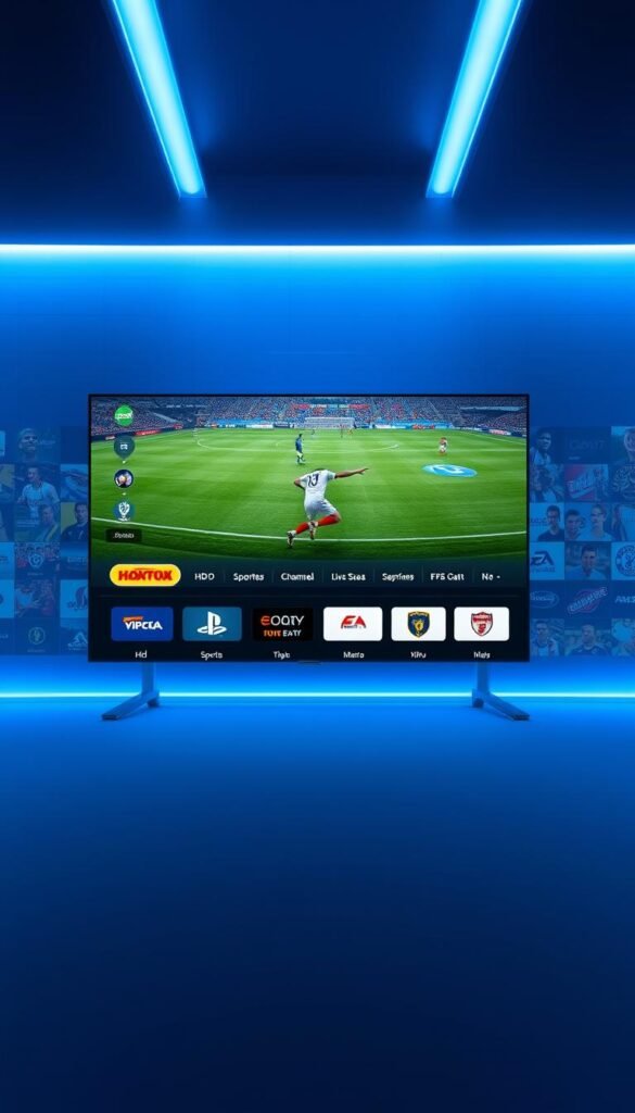 A sleek, modern sports streaming interface for the Hoxtoon Provider IPTV service. In the center, a large HD display showcases a thrilling soccer match, surrounded by a minimalist control panel with crisp icons for sports channels, live scores, and on-demand content. The interface is bathed in a cool, calming blue light, creating a premium, high-tech atmosphere. In the background, a subtle grid of channel logos and sports imagery adds depth and a sense of comprehensive coverage. The overall scene conveys a seamless, user-friendly experience for accessing a vast array of live and on-demand sports programming through the Hoxtoon IPTV platform.