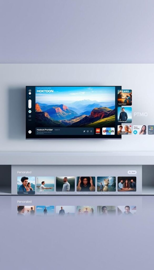 A sleek, modern streaming platform interface showcasing the Hoxtoon Provider brand. In the center, a large hero image displays vivid landscapes and diverse entertainment content. Minimalist UI elements surround it, including a top navigation bar, search bar, and personalized content recommendations. The layout is clean and uncluttered, with a cool, slightly desaturated color palette that conveys a premium, high-tech aesthetic. Subtle lighting and camera angles lend depth and dimension to the digital display. The overall impression is one of a sophisticated, user-friendly IPTV service that caters to a discerning audience.