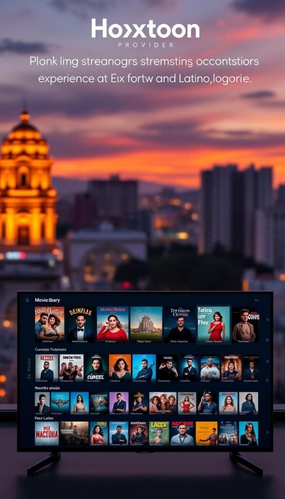 A sleek, modern streaming platform interface showcasing the Hoxtoon Provider brand. In the foreground, a clean and intuitive UI displays a vast library of over 150,000 movies and TV shows, organized into diverse genres and categories. The middle ground features high-quality thumbnail previews of popular Latino content, with a warm, cinematic lighting that enhances the visual appeal. In the background, a blurred cityscape skyline with vibrant Latin American-inspired colors and architectural elements sets the tone for a premium, immersive streaming experience tailored for the Latino audience. The overall composition conveys a sense of sophisticated, high-quality entertainment at the user's fingertips.