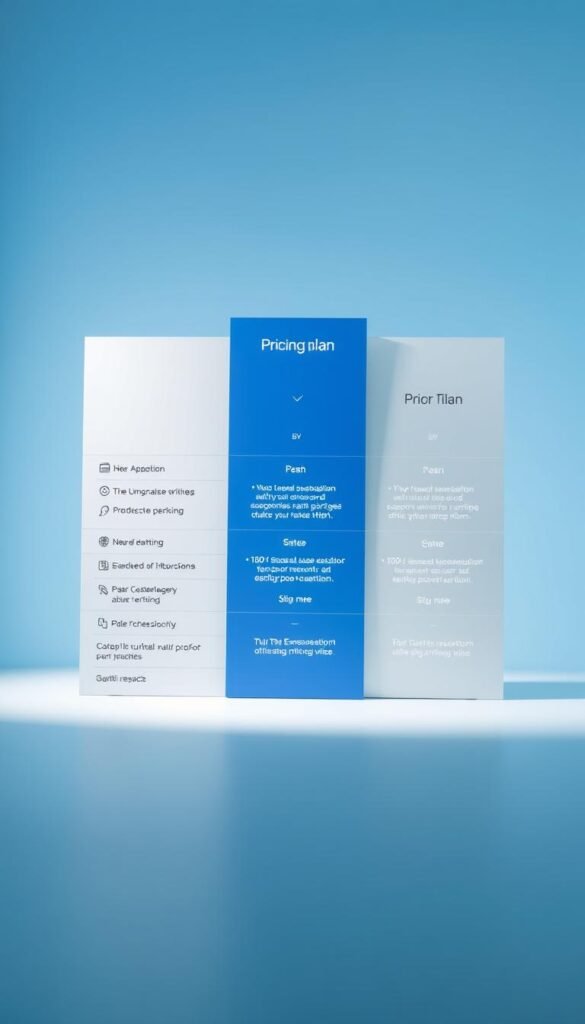A sleek, modern table displaying the pricing plans of the Hoxtoon Provider. The table has a clean, minimalist design with clear delineation of the different plan tiers. The background is a soft, muted gradient in shades of blue, creating a professional and trustworthy atmosphere. The plan details are presented in a visually appealing way, with icons and concise descriptions that highlight the key features of each offering. The lighting is soft and diffused, creating depth and dimensionality to the scene. The camera angle is slightly elevated, giving a sense of authority and importance to the pricing information. Overall, the image conveys a sense of clarity, transparency, and the value proposition of the Hoxtoon Provider's services.