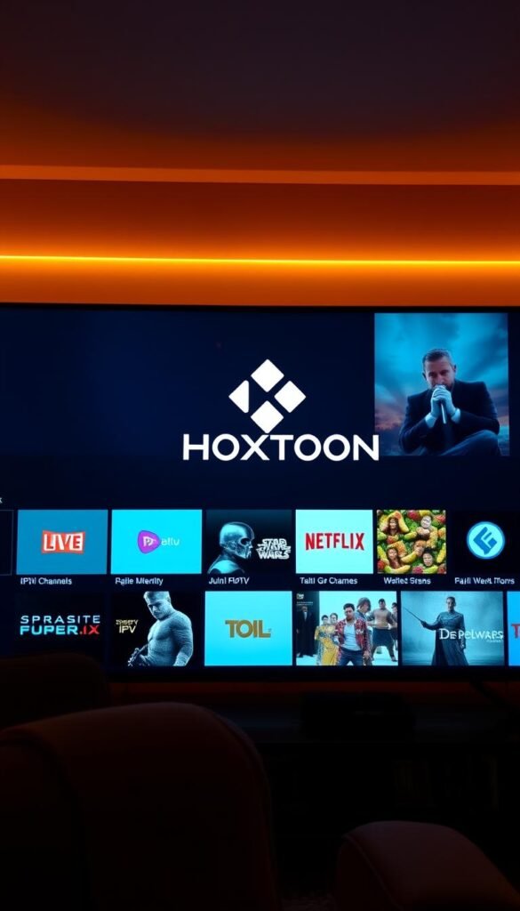 A sleek, modern user interface showcasing a grid of popular IPTV channels, all accessible through the Kodi media center. The Hoxtoon Provider logo prominently displayed, indicating a reliable and comprehensive IPTV service tailored for Kodi users. The scene is bathed in a warm, ambient lighting, creating a comfortable and inviting atmosphere. The layout is clean and intuitive, making it easy to navigate and discover new content. The overall impression is one of a seamless, technology-driven experience that enhances the Kodi viewing experience.