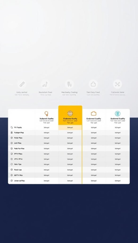 A sleek, modern web interface showcasing the Hoxtoon Provider IPTV subscription plans. In the foreground, a bold and clean-lined table displays the various plan options, highlighted by subtle gradient accents. The middle ground features stylized icons and infographic elements, visually communicating the key plan details. In the background, a soft, minimalist pattern or texture creates a professional, premium atmosphere. The overall composition conveys a sense of clarity, simplicity and high-quality service from the Hoxtoon IPTV provider.