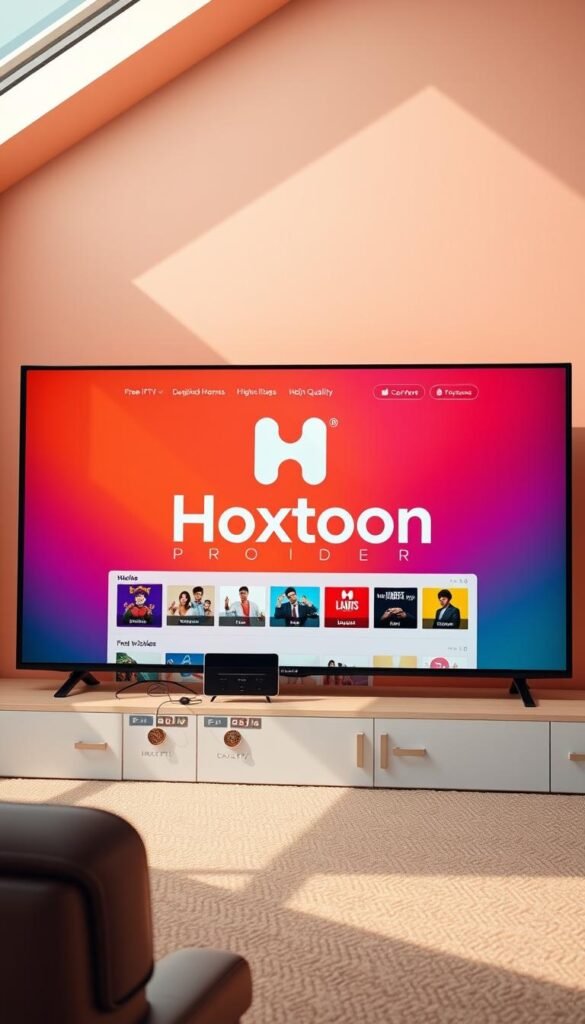 A sleek, modern web interface showcasing the Hoxtoon Provider logo, prominently displayed against a vibrant, minimalist background. The interface features a clean layout with intuitive navigation, highlighting a visually appealing selection of free IPTV content. The scene is bathed in warm, natural lighting, conveying a sense of accessibility and user-friendliness. The overall composition exudes a sophisticated, yet approachable atmosphere, inviting the viewer to explore the extensive library of free, high-quality streaming options.
