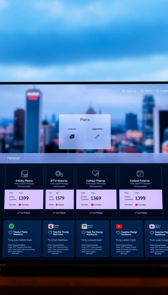 A sleek, modern web interface showcasing the IPTV subscription plans of the Hoxtoon Provider. In the foreground, a grid of plan tiles with elegant typography, icons, and pricing details. The middle ground features a clean, minimalist layout with subtle gradients and geometric shapes, conveying a sense of professionalism and reliability. The background is a blurred, out-of-focus cityscape, hinting at the global reach and connectivity of the Hoxtoon IPTV service. Lighting is soft and diffused, creating a warm, inviting atmosphere. The overall composition is visually striking and designed to highlight the key features and value proposition of the Hoxtoon IPTV subscription plans.