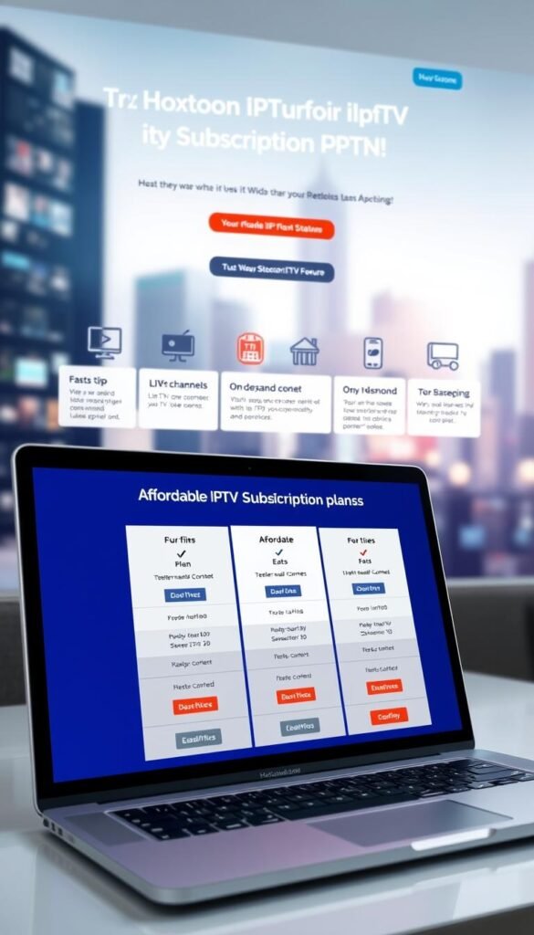 A sleek, modern web interface showcasing the affordable IPTV subscription plans offered by Hoxtoon Provider. In the foreground, a laptop or tablet device displays the plan options, with clear pricing, feature breakdowns, and call-to-action buttons. The middle ground features stylized icons and infographic elements highlighting the key benefits of the Hoxtoon IPTV service, such as live TV channels, on-demand content, and device compatibility. The background has a blurred cityscape or technology-inspired backdrop, conveying a sense of connectivity and digital innovation. The overall scene exudes a professional, visually appealing aesthetic to attract potential IPTV subscribers.