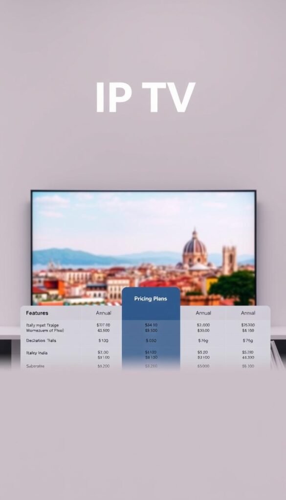 A sleek, modern web interface showcasing the pricing plans for the Hoxtoon Provider IPTV service. The foreground displays a simple, elegant table outlining the various subscription options, with clear delineations for features, channels, and monthly/annual costs. In the middle ground, a large, high-resolution hero image depicts a vibrant, cinematic scene of Italian cityscapes and landmarks, capturing the essence of the IPTV content. The background features a subtle, blurred gradient in calming, complimentary hues, creating a sophisticated and professional atmosphere. Lighting is soft and even, with a focus on clarity and legibility. The overall composition strikes a balance between informative and visually appealing, designed to engage and inform the reader.