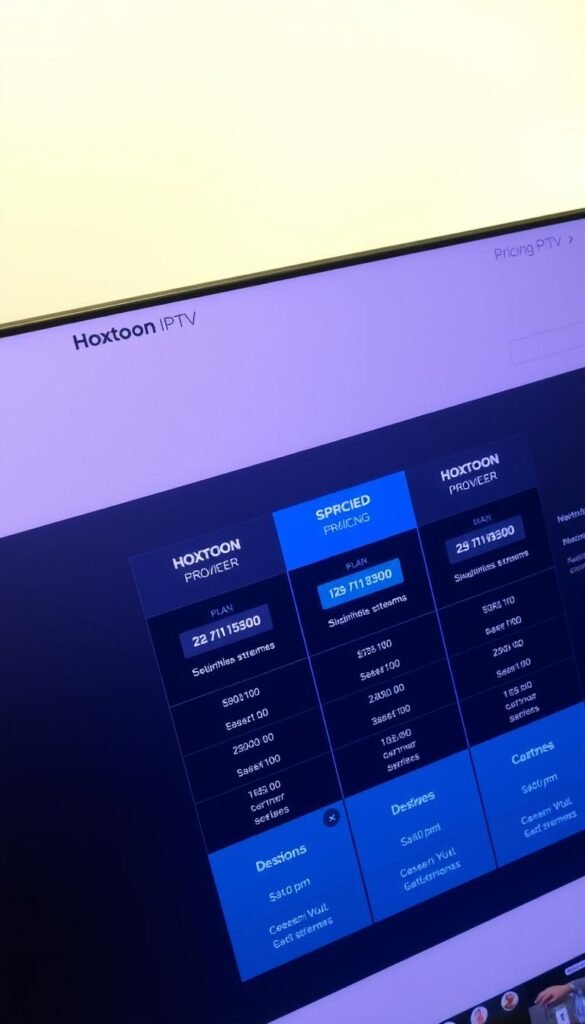 A sleek, modern web interface showcasing the pricing plans for the Hoxtoon Provider IPTV service. The interface has a clean, minimalist design with bold typography and clear delineation of the different plan tiers. The foreground features a prominent display of the plan names, durations, and prices, presented in a table-like layout. The middle ground includes additional details about the plan features, such as channel counts, simultaneous streams, and device compatibility. The background has a subtle gradient or texture that complements the overall aesthetic, creating a sense of depth and professionalism. The lighting is bright and even, highlighting the clarity of the information. The camera angle is slightly elevated, giving an authoritative, bird's-eye view of the pricing structure.
