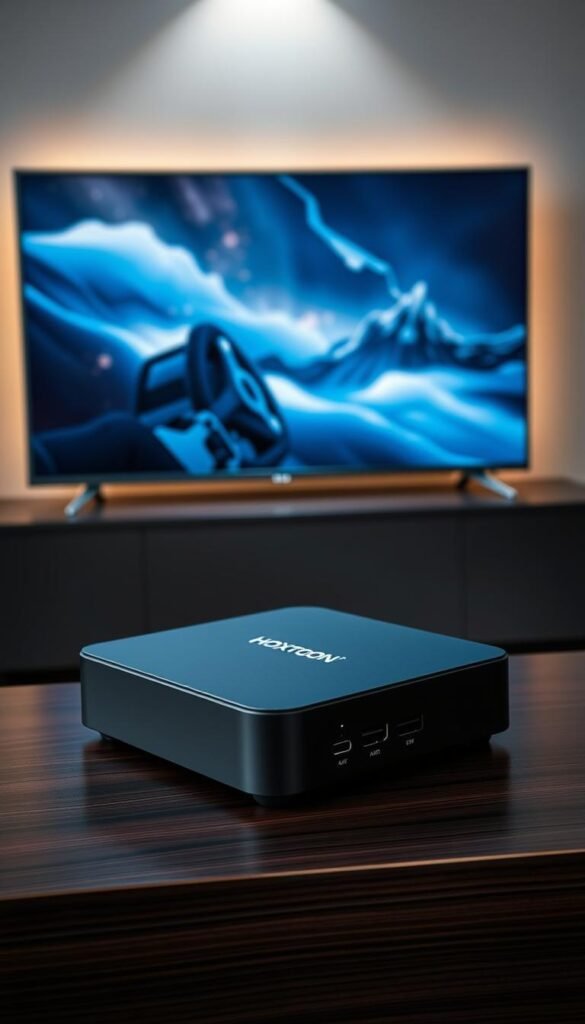A sleek, premium Android TV box with the Hoxtoon Provider IPTV service. It sits atop a dark wooden surface, surrounded by a minimalist, high-tech aesthetic. The box's matte black finish and subtle LED indicators exude a sense of sophistication. Crisp 4K HDR visuals project onto a large, modern flat-screen TV, immersing the viewer in a cinematic, theater-like experience. Discreet ports and connections on the rear allow for seamless integration with the home entertainment system. The device's clean, uncluttered design and powerful internal components promise an exceptional IPTV experience for discerning users.