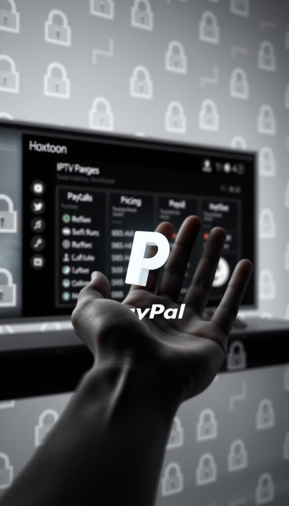 A sleek, secure payment interface showcasing the Hoxtoon Provider IPTV service. In the foreground, a hand hovers over a PayPal logo, surrounded by a minimalist, monochromatic design. The middle ground features a clean, modern dashboard displaying IPTV package options and pricing. In the background, a subtle pattern of lock icons and dollar signs creates a sense of safety and reliability. Lighting is soft and diffused, evoking a professional, trustworthy atmosphere. The overall composition conveys the seamless, risk-free experience of purchasing a lifetime IPTV subscription through a reputable provider like Hoxtoon.