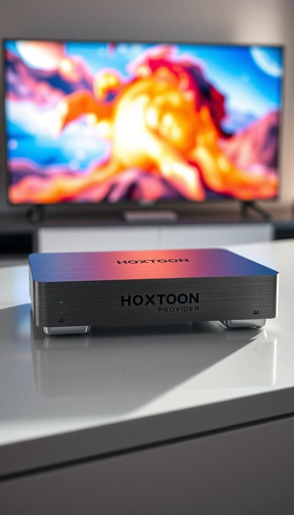 A sleek, state-of-the-art IPTV box with the Hoxtoon Provider logo prominently displayed on its brushed aluminum chassis. The device sits atop a modern, minimalist desk, surrounded by a clean, well-lit environment. Soft, directional lighting illuminates the box's sharp edges and glossy surfaces, casting subtle shadows that accentuate its premium design. In the background, a large, high-resolution display showcases vibrant, crystal-clear IPTV content, hinting at the box's powerful performance and cutting-edge video processing capabilities. The overall scene conveys a sense of technological sophistication and the evolution of IPTV technology in 2026.