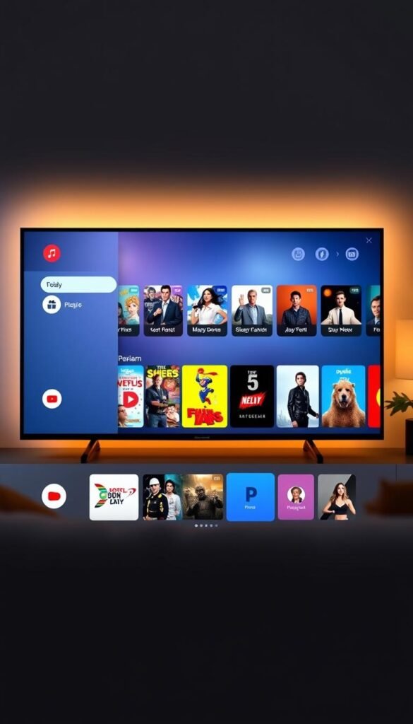 A sleek, user-friendly IPTV interface designed for the Hoxtoon Provider service. The foreground displays a clean, intuitive dashboard with large, clearly labeled icons for popular content categories. The middle ground showcases a visually striking program guide, with vibrant thumbnail previews and a simple, responsive layout. In the background, a soft, warm lighting bathes the scene, creating a cozy and inviting atmosphere. The overall design prioritizes accessibility and ease of navigation, making it a seamless experience for American viewers to explore a vast library of entertainment options.