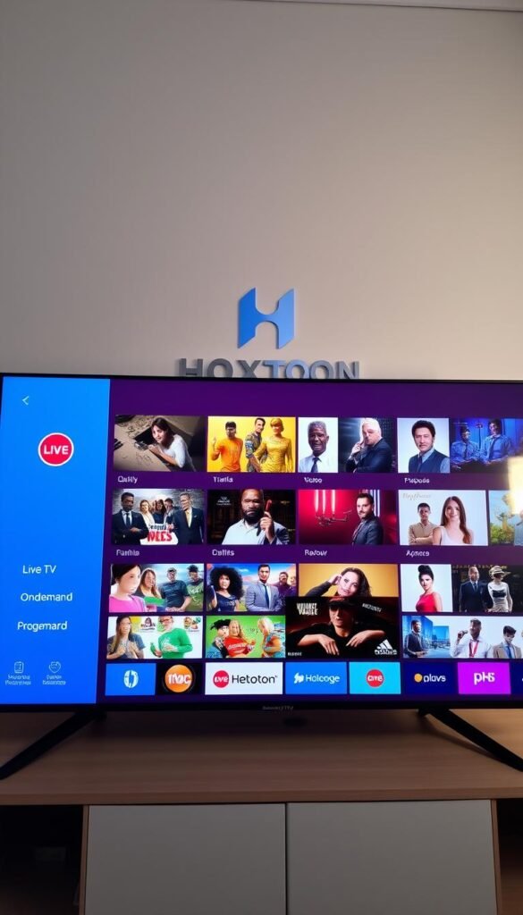 A sleek, user-friendly IPTV interface showcasing the Hoxtoon Provider brand. In the foreground, a clean and intuitive dashboard with large icons for easy navigation, featuring live TV, on-demand content, and customization options. The middle ground presents a visually striking program grid, with high-quality thumbnail previews and smooth transitions between sections. The background subtly incorporates the Hoxtoon Provider logo, conveying a sense of quality and professionalism. The lighting is soft and natural, creating a welcoming and visually appealing atmosphere. The camera angle is slightly elevated, providing an inviting and accessible perspective for the user.