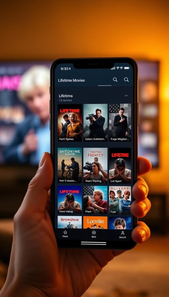 A sleek, user-friendly mobile app interface showcasing the Hoxtoon Provider's "Lifetime Movies" service for IPTV. The app displays a grid of featured Lifetime movie titles, each with vibrant, cinematic key art. In the foreground, a hand holds a modern smartphone, the screen reflecting warm, soft lighting and a cozy, inviting atmosphere. The background features a blurred cityscape, hinting at the app's multi-device capabilities. The overall impression is one of a premium, high-quality Lifetime movie streaming experience tailored for the IPTV audience.