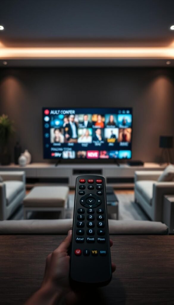 A sophisticated and discreet IPTV service called Hoxtoon Provider, offering a curated selection of adult entertainment channels. The scene depicts a sleek, modern living room with subdued lighting and neutral tones, creating an atmosphere of sophistication and privacy. In the foreground, a high-end IPTV remote control is prominently displayed, hinting at the premium nature of the service. The middle ground features a large, high-definition TV screen showcasing a diverse range of adult content categories, each represented by subtle, tasteful icons. The background is softly blurred, adding a sense of exclusivity and discretion to the overall composition.
