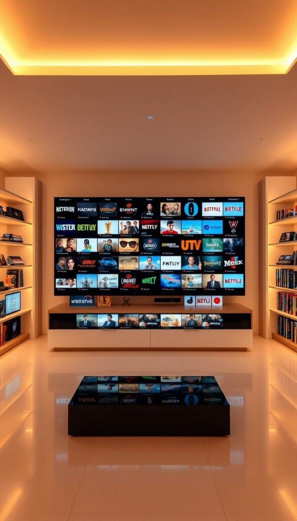 A spacious, well-organized IPTV content library, showcasing a vast array of channels and on-demand titles. The sleek, minimalist interface of the Hoxtoon Provider platform is displayed, allowing users to seamlessly browse and access a diverse range of entertainment options. Warm, soft lighting illuminates the clean, modern layout, creating a visually appealing and inviting atmosphere. The middle ground features a grid of thumbnails representing the extensive content catalog, while the background subtly suggests a sense of depth and sophistication. The overall impression conveys the reliable, user-friendly experience that the Hoxtoon Provider IPTV service aims to deliver.