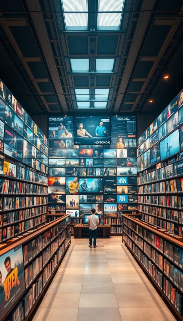 A sprawling digital content library, the Hoxtoon Provider showcases a vast array of entertainment options. In the foreground, rows of high-definition movie posters and TV show thumbnails captivate the viewer, hinting at the breadth of content available. The middle ground features dynamic video previews playing on sleek, modern interfaces, inviting exploration. In the background, a sophisticated data visualization system displays trending titles, personalized recommendations, and real-time viewership metrics, creating a sense of depth and technical sophistication. Warm, diffused lighting casts a welcoming glow, while a cinematic camera angle suggests the grandeur and scale of Hoxtoon's comprehensive media collection.