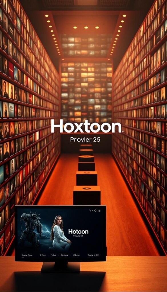 A sprawling digital library, the Hoxtoon VOD Collection showcases a vast array of on-demand entertainment. Illuminated by warm, cinematic lighting, rows of high-definition video thumbnails stretch into the distance, inviting exploration. The Hoxtoon Provider brand prominently displayed, conveying a sense of quality and curation. In the foreground, a sleek, minimalist user interface allows effortless navigation through over 150,000 titles, spanning a diverse range of genres and categories. The overall atmosphere is one of immersion and discovery, perfectly suited for the discerning viewer seeking the ultimate on-demand experience.