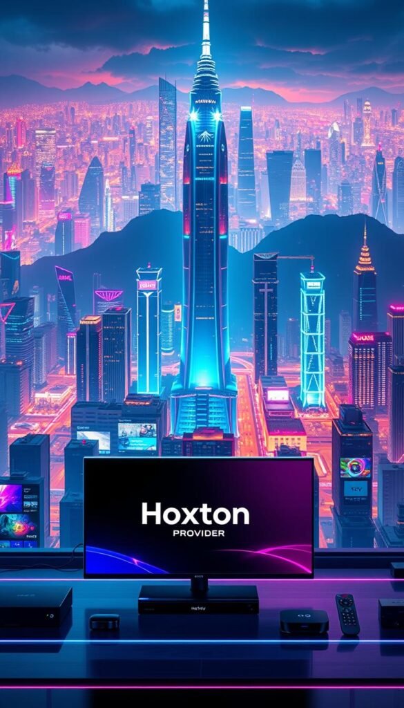 A sprawling, futuristic IPTV landscape set against a vibrant, neon-tinged cityscape. In the foreground, a sleek, modern interface showcases the Hoxtoon Provider brand, its clean lines and vibrant colors drawing the eye. The middle ground features a bustling array of connected devices, from smart TVs to streaming boxes, all seamlessly integrating with the IPTV service. In the background, a towering skyline of gleaming skyscrapers and pulsing data centers, illuminated by a dazzling display of light and energy, symbolizing the vast technological infrastructure powering the IPTV revolution. The scene is bathed in a cool, otherworldly glow, conveying a sense of futuristic sophistication and the rapid evolution of the IPTV landscape in 2023.