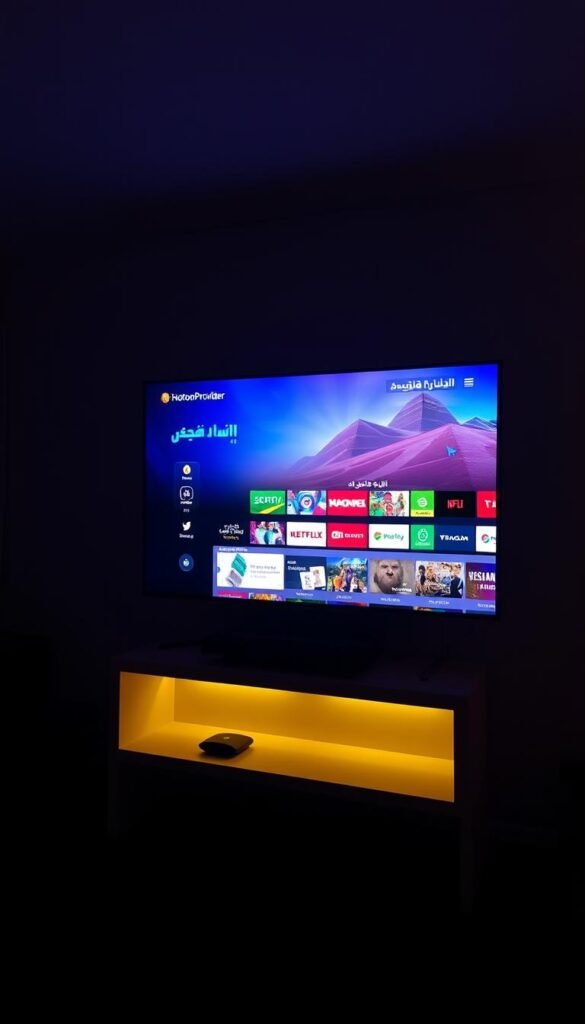 A state-of-the-art Arabic IPTV streaming setup, with a sleek, minimalist Hoxtoon Provider interface prominently displayed on a high-resolution 4K television screen. The room is dimly lit, creating a cozy and immersive atmosphere, with subtle ambient lighting accentuating the vibrant colors of the IPTV content. The television is positioned at a comfortable viewing angle, and the overall scene conveys a sense of relaxation and entertainment, perfectly suited for maximizing the Arabic IPTV viewing experience.