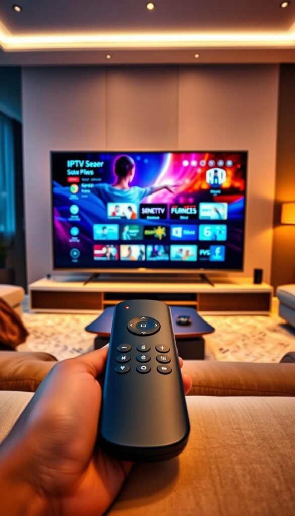A state-of-the-art Hoxtoon Provider IPTV streaming service, showcasing a sleek and modern user interface. The scene depicts a large 4K smart TV displaying a vibrant and immersive streaming experience, with a minimalist remote control in the foreground. The background features a contemporary living room setting, with warm lighting and clean lines, conveying a sense of comfort and technological sophistication. The image should evoke a feeling of the future of television entertainment, where seamless streaming and a visually stunning interface are the norm.