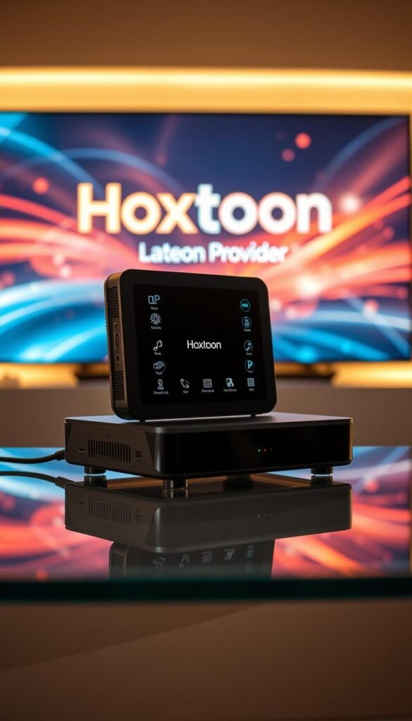 A state-of-the-art IPTV box receiver player in a sleek, futuristic design. The device rests on a minimalist, glass-topped table, bathed in warm, soft lighting. In the background, a dynamic display showcases the Hoxtoon Provider brand, representing the latest advancements in IPTV technology. The player's interface features intuitive, holographic controls, seamlessly blending hardware and software. Cables and ports are hidden, creating a clean, uncluttered aesthetic. The scene conveys a sense of technological progress, innovative design, and the evolution of home entertainment systems.