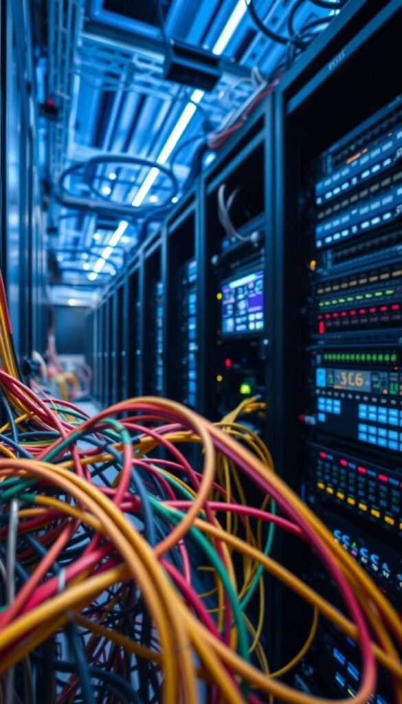 A state-of-the-art IPTV infrastructure by Hoxtoon Provider, showcasing a sleek server rack filled with high-performance networking equipment. The foreground features a tangle of color-coded cables and fiber optic lines, conveying the complex interconnectivity. In the middle ground, a series of blinking LED-lit panels and touchscreens display real-time data and system status. The background depicts a dimly lit server room, with cool blue lighting accentuating the technical aesthetic. The scene is captured through a wide-angle lens, creating a sense of depth and scale, highlighting the sophisticated, industrial nature of modern IPTV technology.