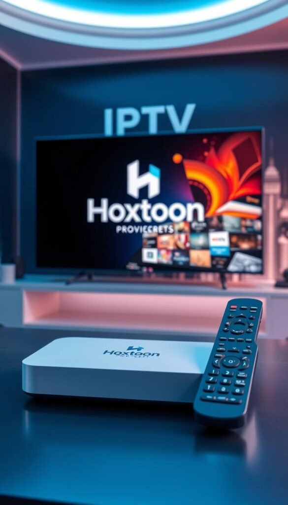 A state-of-the-art IPTV service hub, with a Hoxtoon Provider logo prominently displayed. The foreground features a sleek, minimalist set-top box and remote control, conveying the simplicity and accessibility of the technology. In the middle ground, a stylized visualization of streaming content, with vibrant colors and dynamic shapes, showcases the breadth of entertainment options. The background depicts a futuristic cityscape, hinting at the global reach and cutting-edge nature of IPTV. The scene is bathed in a cool, blue-tinted lighting, creating a sense of modernity and innovation.