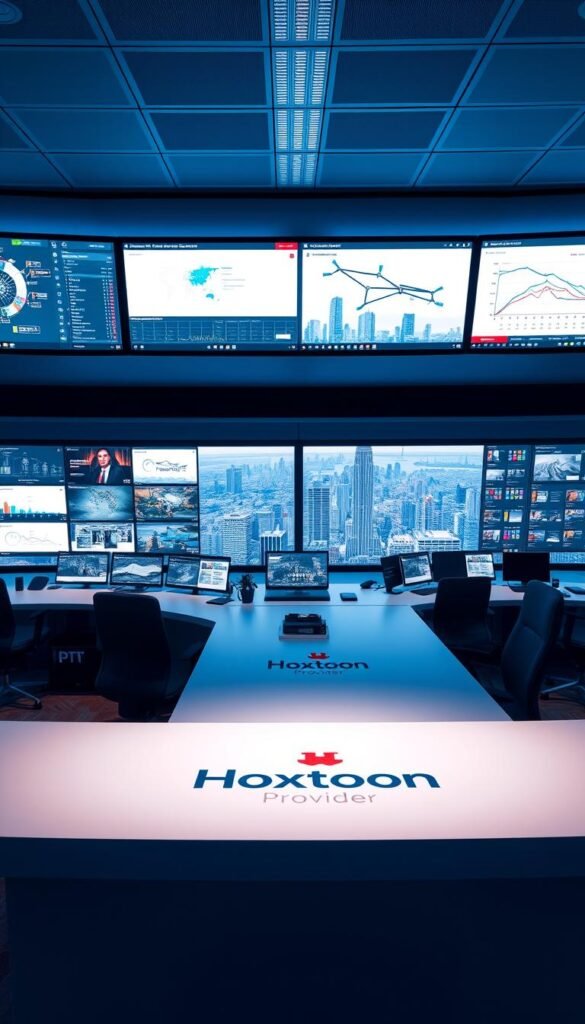 A state-of-the-art IPTV service provider's control center, bathed in a soft, blue-tinted light. Rows of monitors display real-time analytics, network diagrams, and customer activity. In the foreground, a sleek, minimalist desk with the Hoxtoon Provider logo prominently displayed. Behind it, a large, panoramic window offers a view of a bustling city skyline. The atmosphere is one of technological sophistication, efficiency, and a relentless focus on delivering the best IPTV experience to customers.