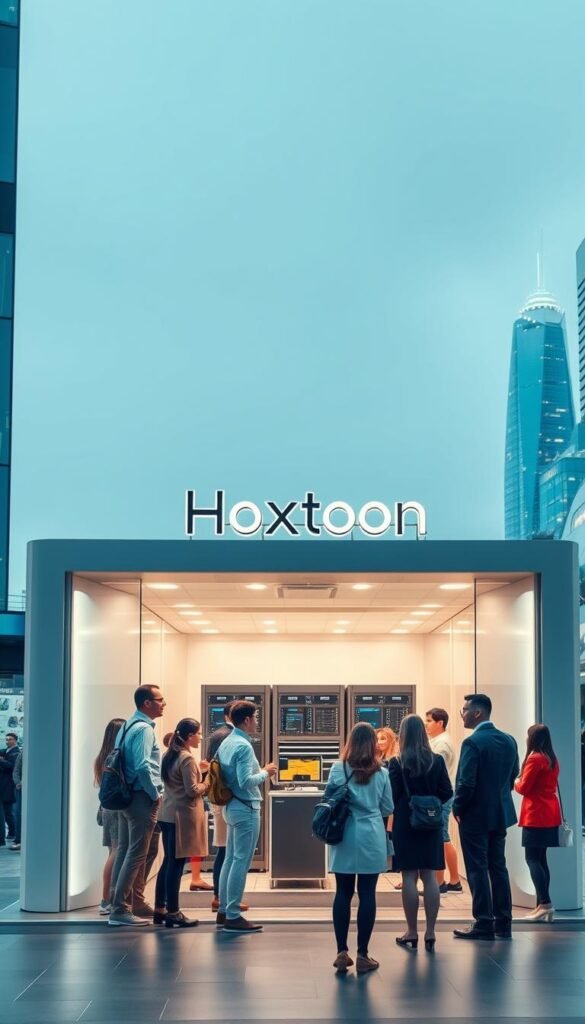 A state-of-the-art IPTV service station in a modern, well-lit German cityscape. The Hoxtoon Provider logo prominently displayed on the sleek, minimalist facade. In the foreground, a group of diverse customers entering the service center, expressions of excitement and anticipation. The middle ground features cutting-edge IPTV equipment and servers, surrounded by technicians in crisp, uniforms working diligently. The background showcases the vibrant, futuristic architecture of the city, hinting at the transformative potential of Hoxtoon's innovative IPTV solutions for the German market.