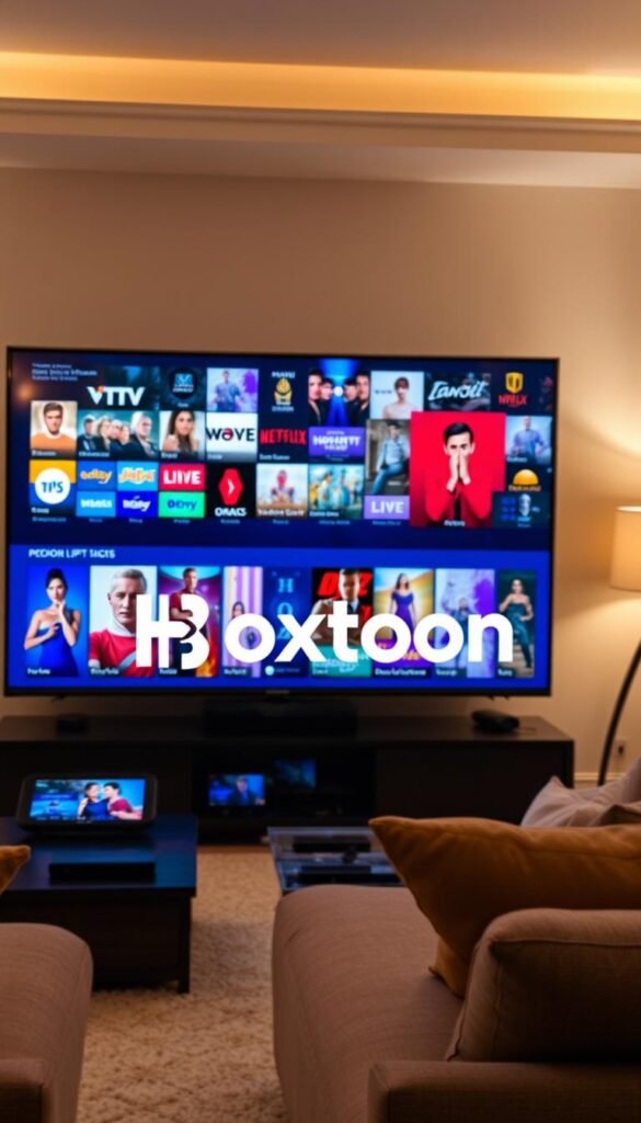 A state-of-the-art IPTV service with a sleek, modern interface. A large screen displays a vibrant selection of live TV channels, movies, and shows. In the foreground, the "Hoxtoon Provider" logo shines, conveying reliability and high-quality content. The middle ground features various devices like smart TVs, smartphones, and tablets, showcasing the service's cross-platform compatibility. The background depicts a cozy, well-lit living room, creating a welcoming atmosphere for the viewer to immerse themselves in the Hoxtoon streaming experience. Subtle lighting and a soft, warm color palette enhance the overall sense of comfort and dependability.