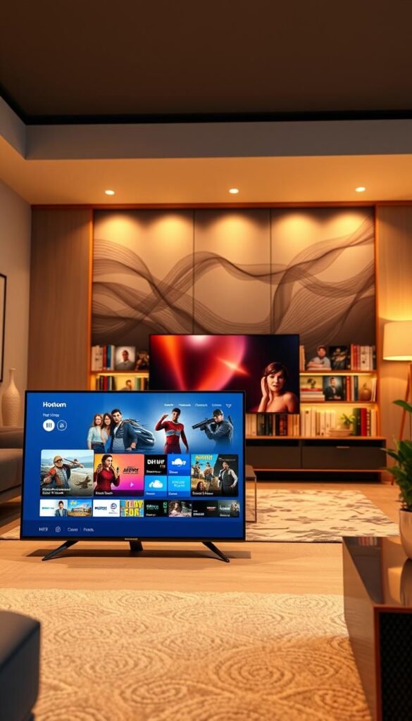 A state-of-the-art IPTV service with a visually compelling TV guide interface. The foreground depicts the Hoxtoon Provider's sleek and intuitive user interface, showcasing a crisp, high-definition TV guide with a clean layout and easy-to-navigate menus. The middle ground features a vast library of on-demand content, with a diverse selection of genres and titles seamlessly integrated into the platform. In the background, a sophisticated rendering of a living room setting creates a cozy, immersive atmosphere, inviting the viewer to experience the service's extensive entertainment options. Warm, soft lighting enhances the overall ambiance, while a slightly low camera angle emphasizes the service's user-friendly and accessible nature.