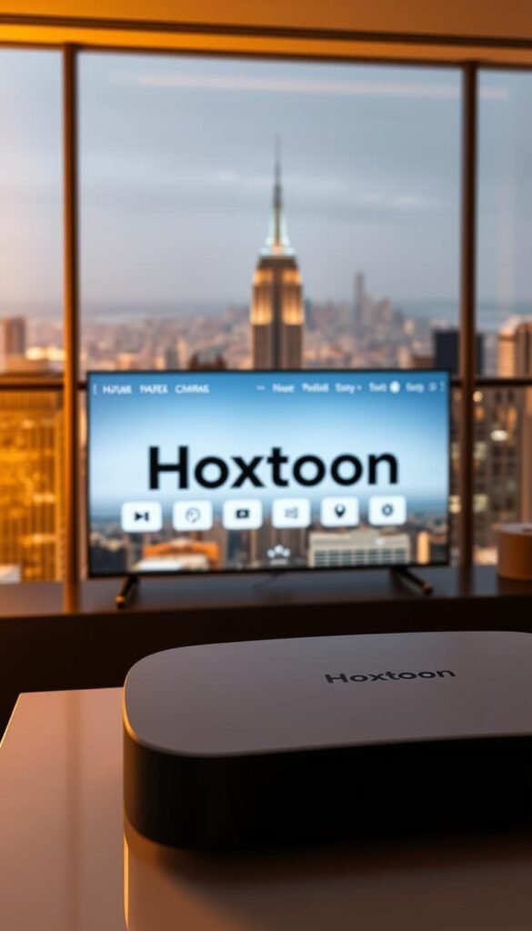 A state-of-the-art IPTV service with the Hoxtoon Provider brand prominently displayed in the foreground. The service is showcased on a sleek, modern device with a clean, minimalist user interface. The background features a sophisticated cityscape, hinting at the comprehensive coverage and reliable connectivity of the Hoxtoon IPTV service. Warm, directional lighting from the side creates depth and emphasizes the premium quality of the Hoxtoon brand. The overall scene conveys a sense of innovation, reliability, and the future of home entertainment.