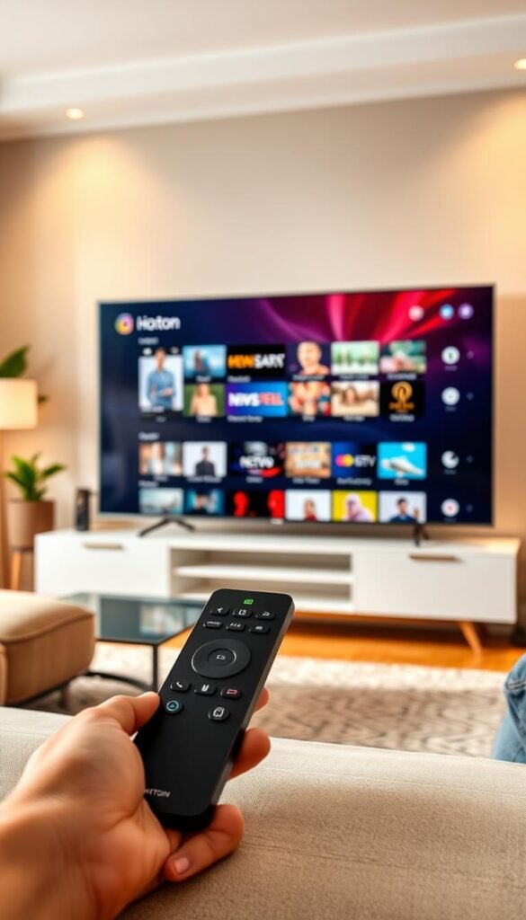 A state-of-the-art IPTV streaming service by Hoxtoon Provider, showcasing a sleek and modern user interface. The scene depicts a large 4K smart TV displaying a vibrant and immersive video content library, with a minimalist remote control in the foreground. The background features a cozy living room setting, with warm lighting and natural textures creating a comfortable and inviting atmosphere. The overall composition emphasizes the seamless integration of Hoxtoon's IPTV technology into the modern home entertainment experience.