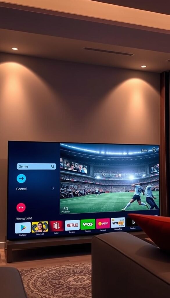 A state-of-the-art IPTV streaming service called Hoxtoon Provider, displayed on a modern, sleek smart TV screen. The interface features a clean, minimalist design with vibrant colors and intuitive navigation. In the foreground, various genre and channel icons are prominently displayed, enticing the viewer with a vast selection of live TV, movies, and on-demand content. The middle ground showcases a large, high-quality display of a popular live sports event, immersing the viewer in the action. The background depicts a contemporary living room setting, with subtle lighting and warm, inviting tones that create a comfortable, cinematic atmosphere. The overall scene conveys the convenience, quality, and comprehensive entertainment experience offered by the Hoxtoon Provider IPTV service.