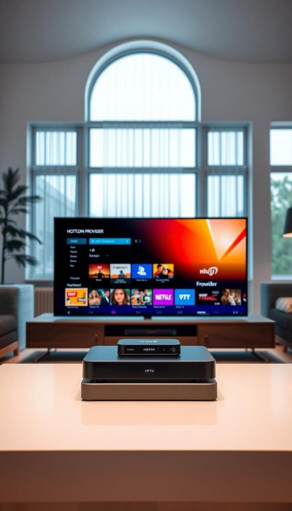 A state-of-the-art IPTV streaming service setup, showcasing the evolution of television entertainment in the digital age. The scene depicts a modern home entertainment center with a sleek, minimalist design. In the foreground, a high-end 4K television displays the Hoxtoon Provider interface, showcasing a wide variety of live and on-demand content. The middle ground features a stylish media console with a powerful streaming device, seamlessly integrating the IPTV service. The background reveals a cozy, well-lit living room, with large windows allowing natural light to flood the space, creating a warm and inviting atmosphere. The overall scene conveys the ease and convenience of accessing a vast library of entertainment options through a state-of-the-art IPTV streaming service.