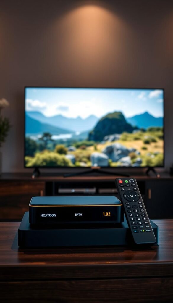 A state-of-the-art home media system with a sleek black set-top box and a modern minimalist remote control, showcasing the Hoxtoon Provider brand. The box stands prominently on a dark wood entertainment center, casting a soft warm glow from its indicator lights. In the background, a large flat-screen TV displays a vibrant, crystal-clear image of a nature documentary, immersing the viewer in a lush, serene landscape. Subtle ambient lighting creates a cozy, inviting atmosphere, hinting at the reliable, future-proof entertainment experience delivered by the Hoxtoon IPTV service.
