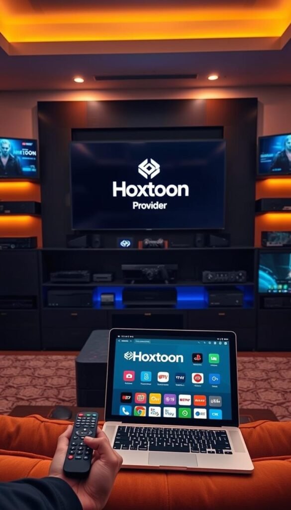 A state-of-the-art home theater setup with a sleek black entertainment center showcasing the "Hoxtoon Provider" logo. The center is surrounded by a collection of premium IPTV devices, including high-end streaming boxes, smart TVs, and gaming consoles, all connected and ready to deliver an unparalleled viewing experience. The room is bathed in warm, ambient lighting, creating a cozy and inviting atmosphere. In the foreground, a remote control and a laptop or tablet display the Hoxtoon interface, highlighting the seamless integration of the service. The overall scene conveys the convenience, reliability, and premium quality of the Hoxtoon lifetime IPTV offering.